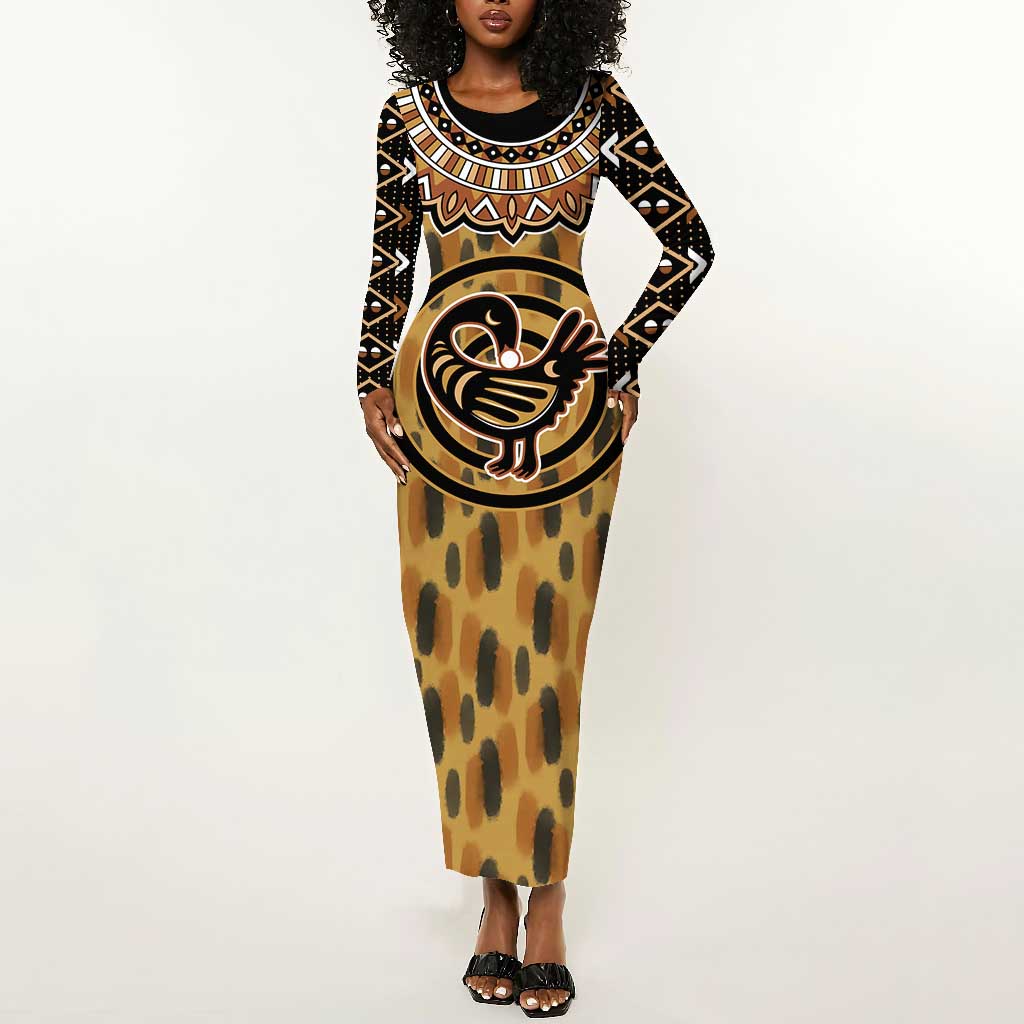 Printed Mud Cloth and Adinkra Symbol Long Sleeve Bodycon Dress