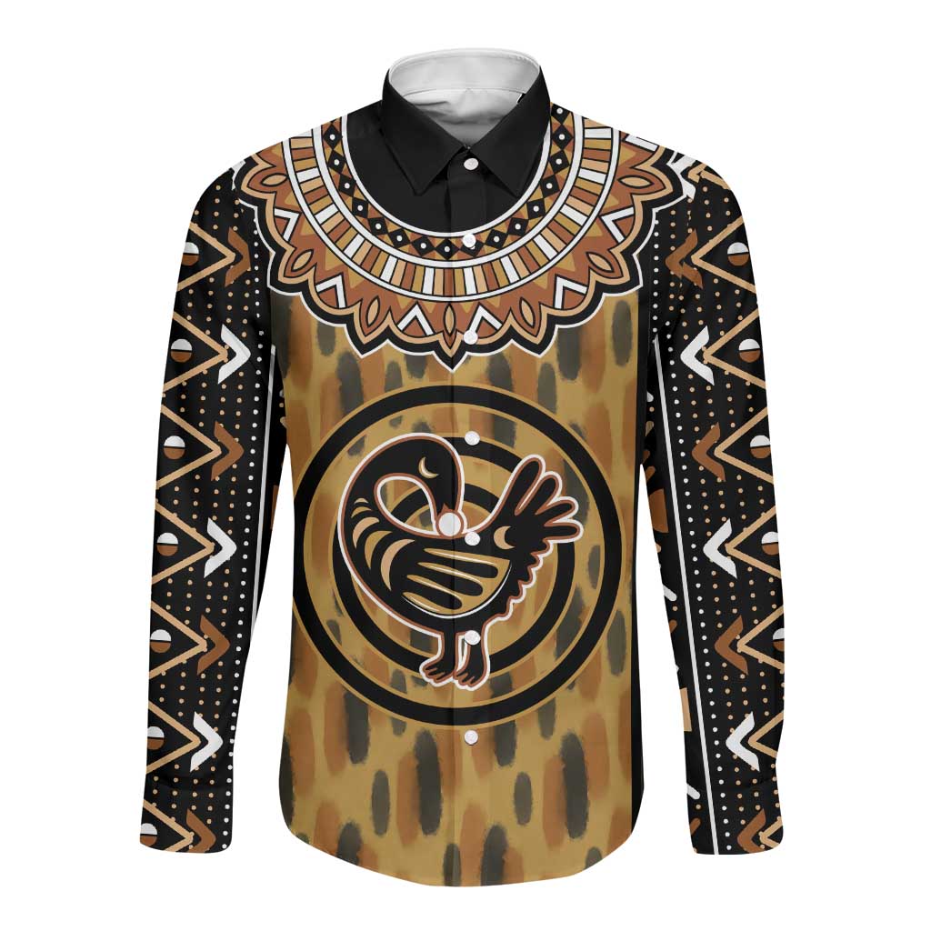 Printed Mud Cloth and Adinkra Symbol Long Sleeve Button Shirt