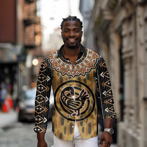 Printed Mud Cloth and Adinkra Symbol Long Sleeve Button Shirt