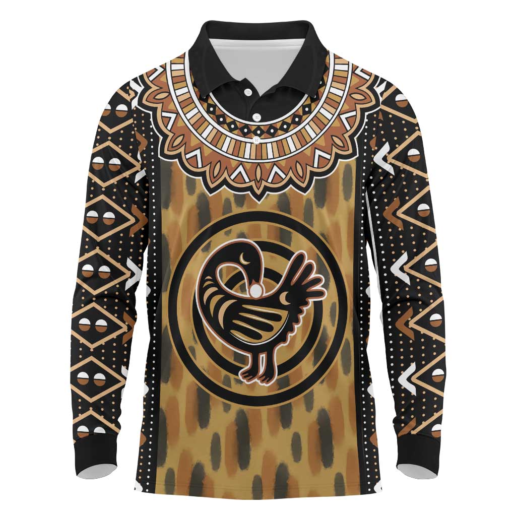 Printed Mud Cloth and Adinkra Symbol Long Sleeve Polo Shirt