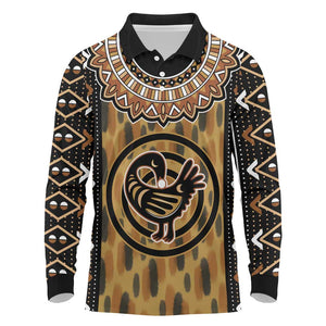 Printed Mud Cloth and Adinkra Symbol Long Sleeve Polo Shirt