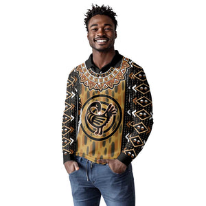 Printed Mud Cloth and Adinkra Symbol Long Sleeve Polo Shirt