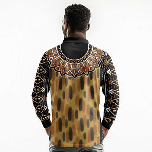 Printed Mud Cloth and Adinkra Symbol Long Sleeve Polo Shirt