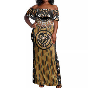 Printed Mud Cloth and Adinkra Symbol Off Shoulder Maxi Dress