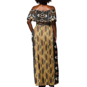 Printed Mud Cloth and Adinkra Symbol Off Shoulder Maxi Dress