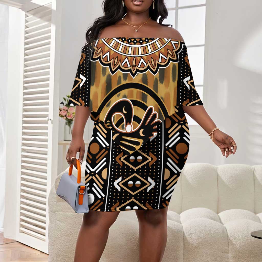 Printed Mud Cloth and Adinkra Symbol Off Shoulder Short Dress