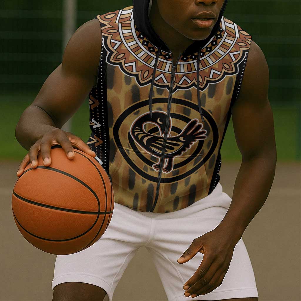Printed Mud Cloth and Adinkra Symbol Sleeveless Zip Hoodie - African Pride