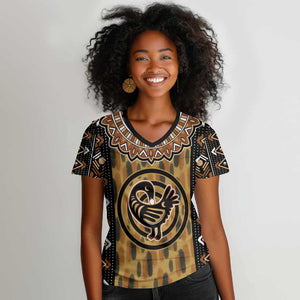 Printed Mud Cloth and Adinkra Symbol Women V-Neck T-Shirt