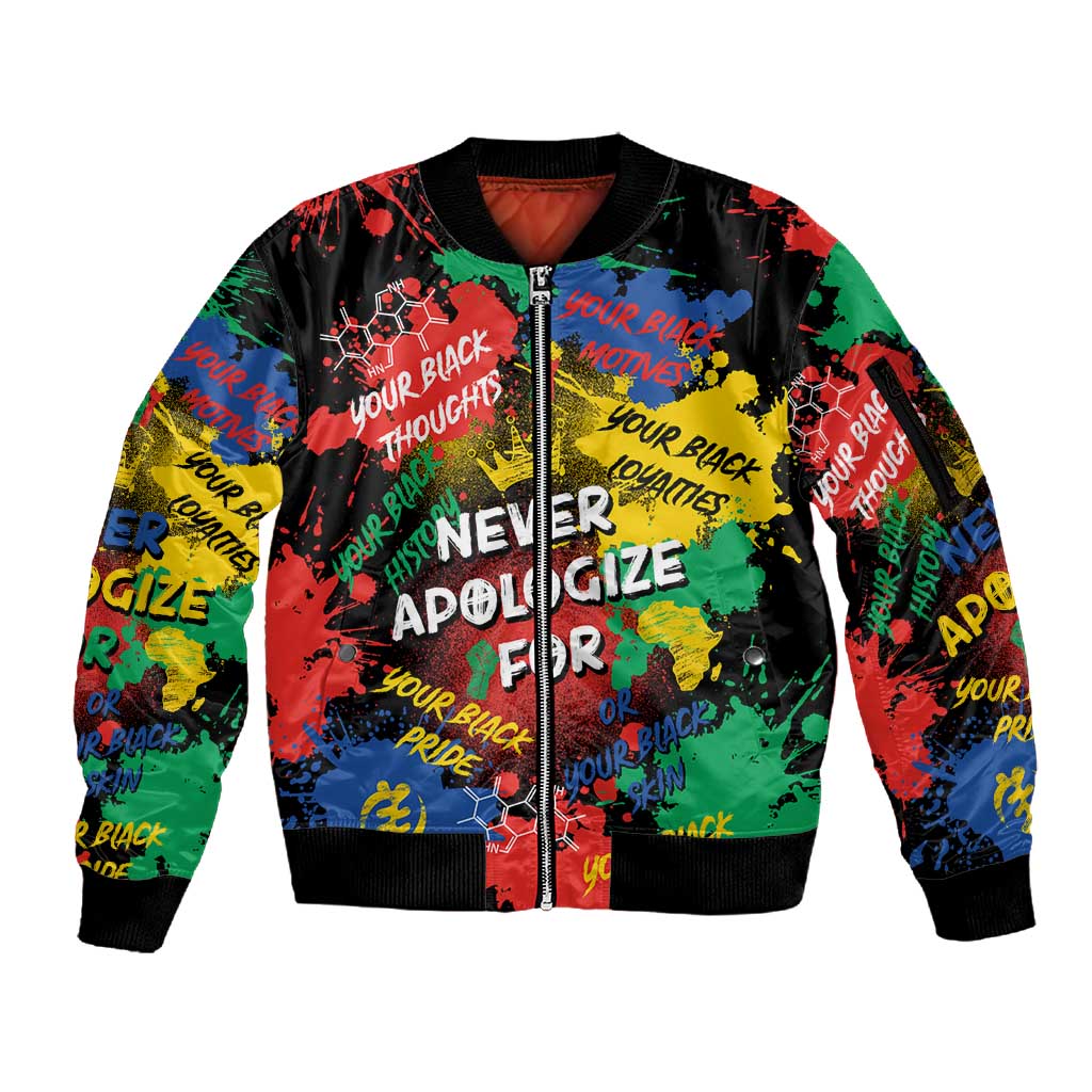 Never Apologize For Being Black Sleeve Zip Bomber Jacket