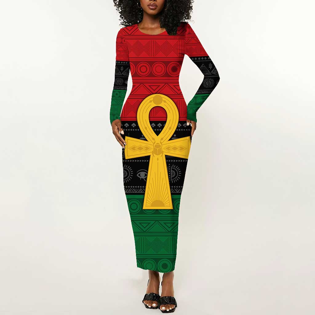 Pan African Ankh Long Sleeve Bodycon Dress Egyptian Cross