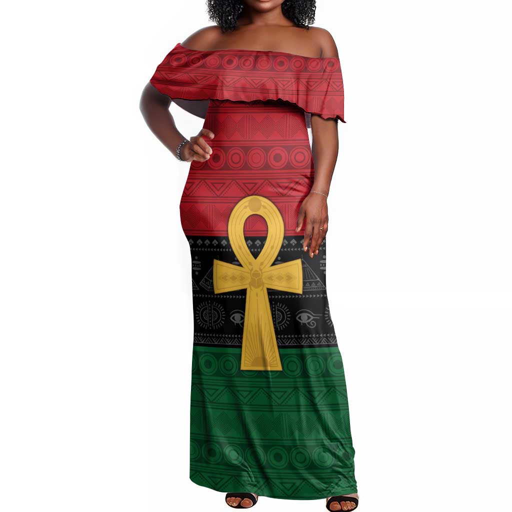 Pan African Ankh Off Shoulder Maxi Dress Egyptian Cross