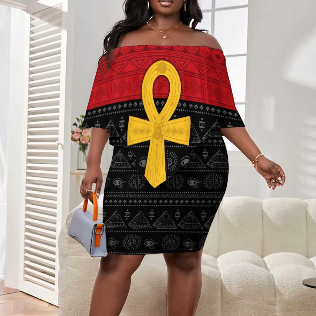 Pan African Ankh Off Shoulder Short Dress Egyptian Cross