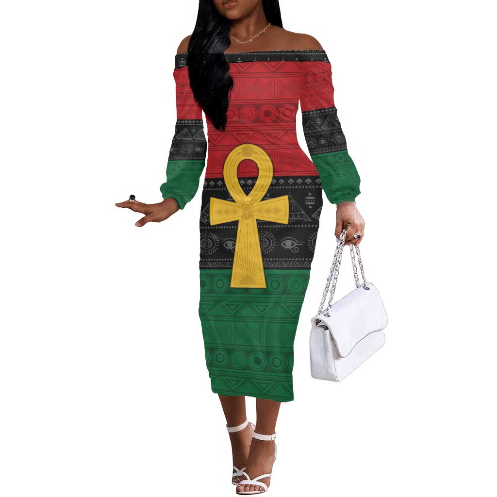 Pan African Ankh Off The Shoulder Long Sleeve Dress Egyptian Cross