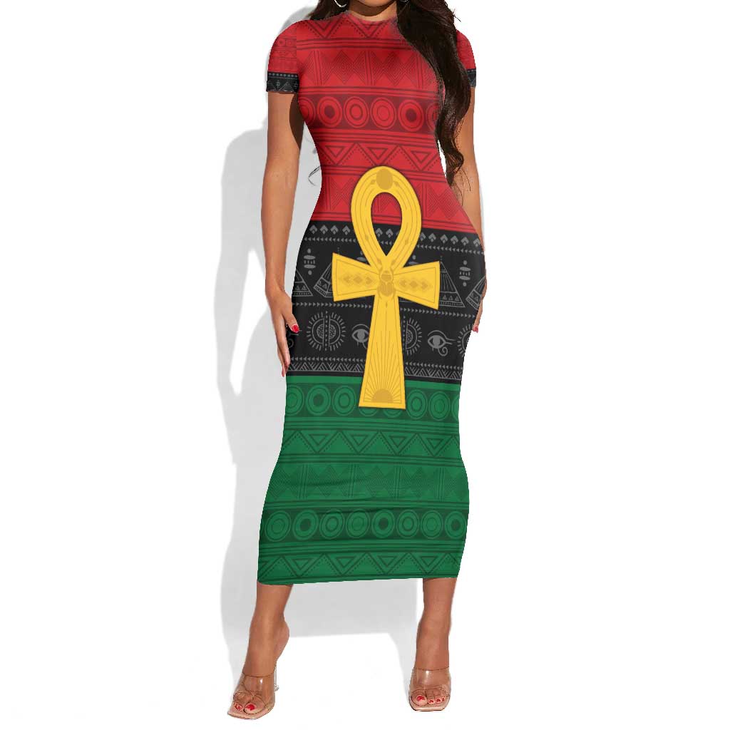 Pan African Ankh Short Sleeve Bodycon Dress Egyptian Cross