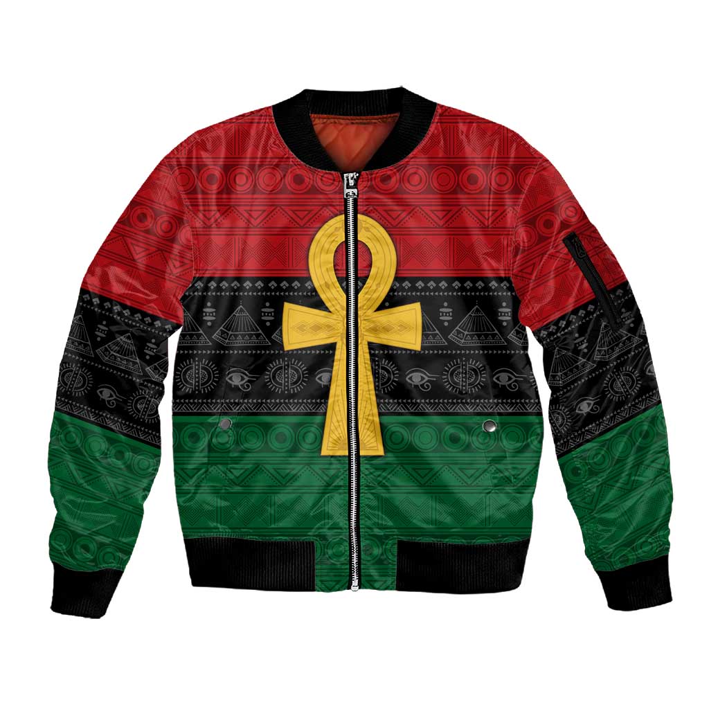 Pan African Ankh Sleeve Zip Bomber Jacket Egyptian Cross