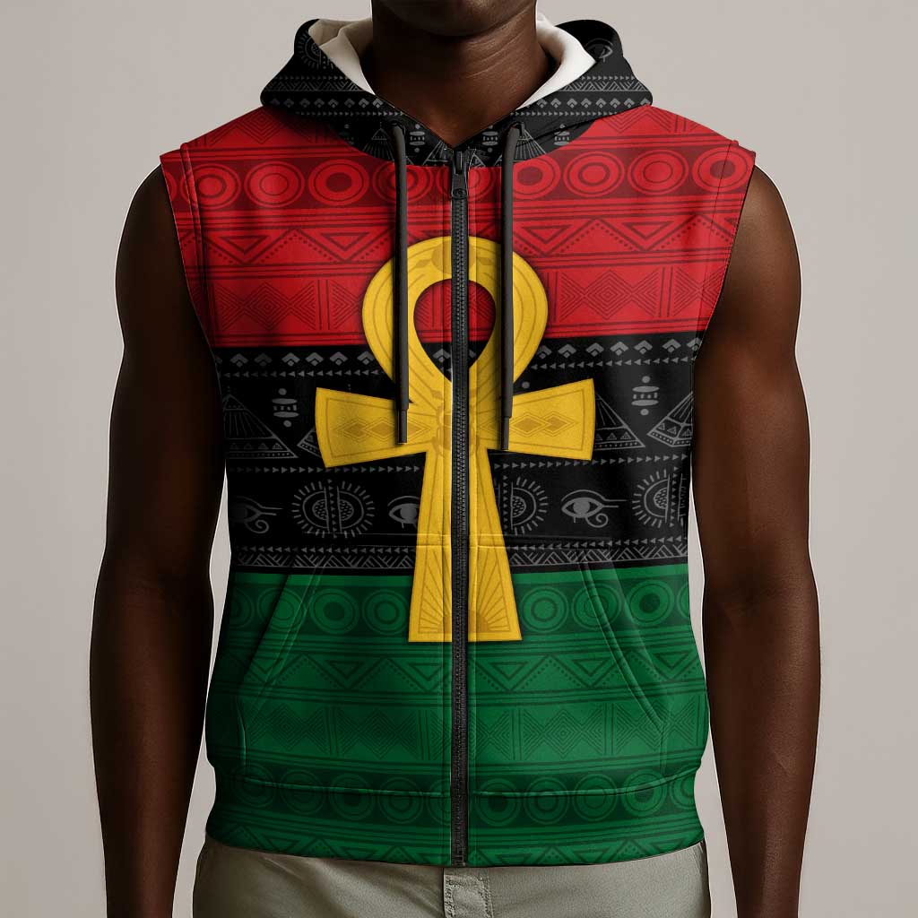 Pan African Ankh Sleeveless Zip Hoodie Egyptian Cross - African Pride