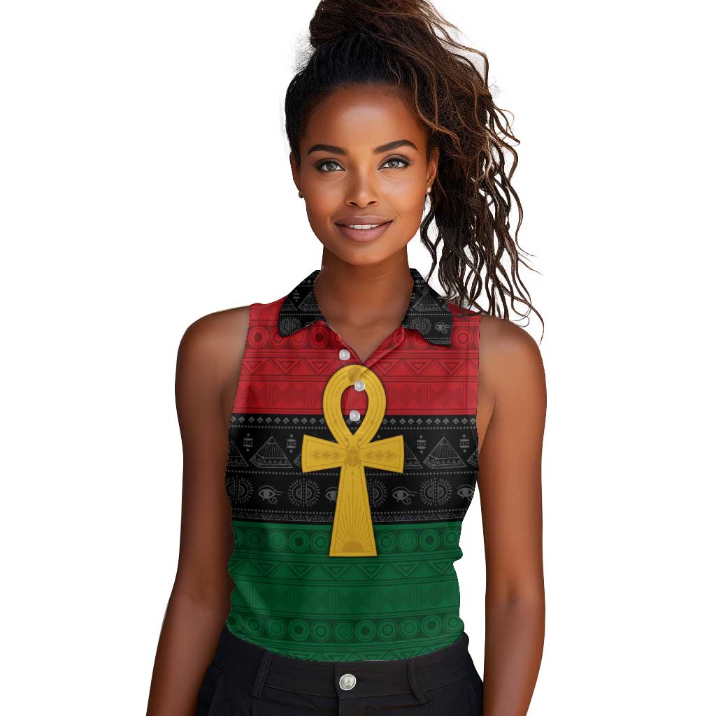 Pan African Ankh Women Sleeveless Polo Shirt Egyptian Cross