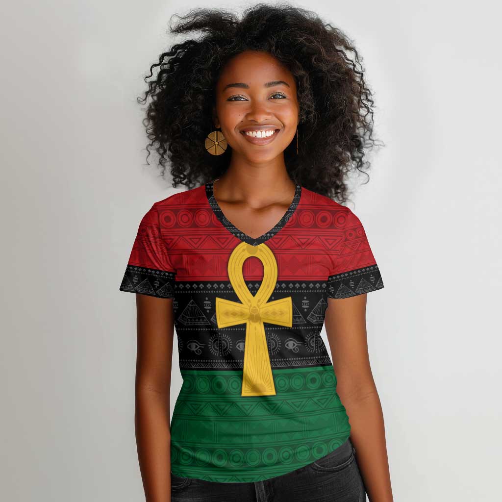 Pan African Ankh Women V-Neck T-Shirt Egyptian Cross