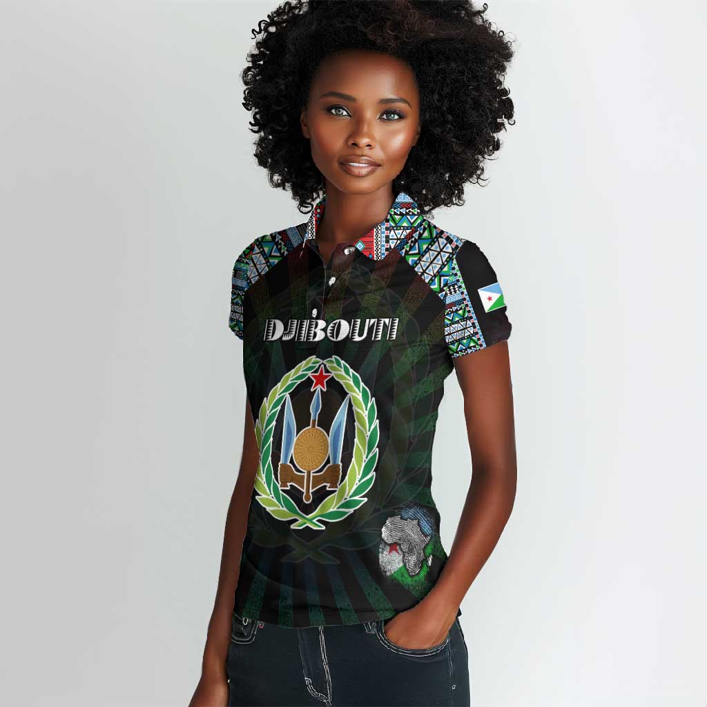 Personalized Djibouti Roots Women Polo Shirt African Pride in Fingerprint and Tribal Colors