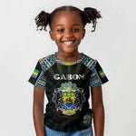 Personalized Gabon Roots Kid T shirt African Pride in Fingerprint and Tribal Colors