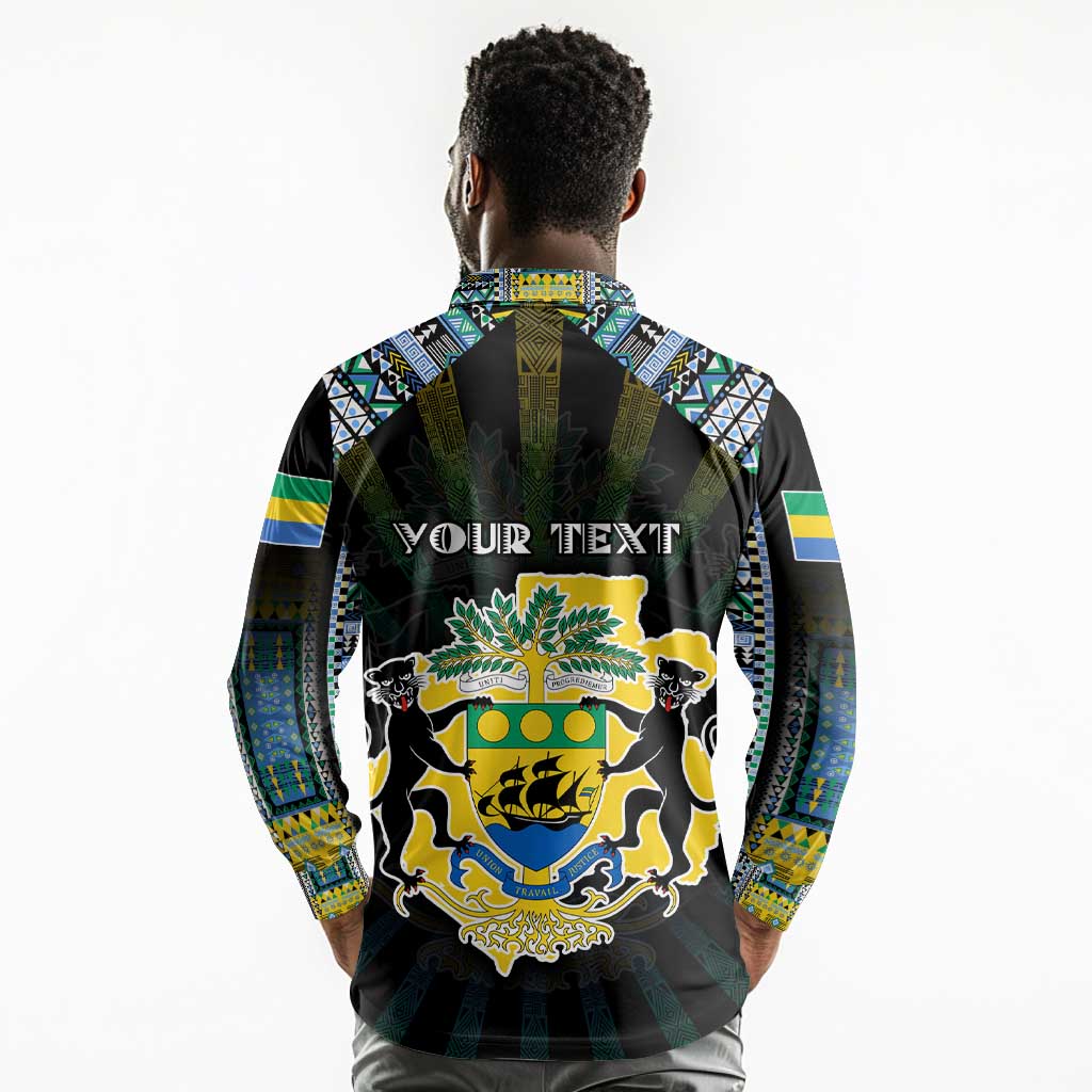 Personalized Gabon Roots Long Sleeve Polo Shirt African Pride in Fingerprint and Tribal Colors