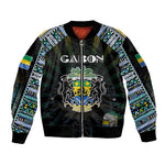 Personalized Gabon Roots Sleeve Zip Bomber Jacket African Pride in Fingerprint and Tribal Colors