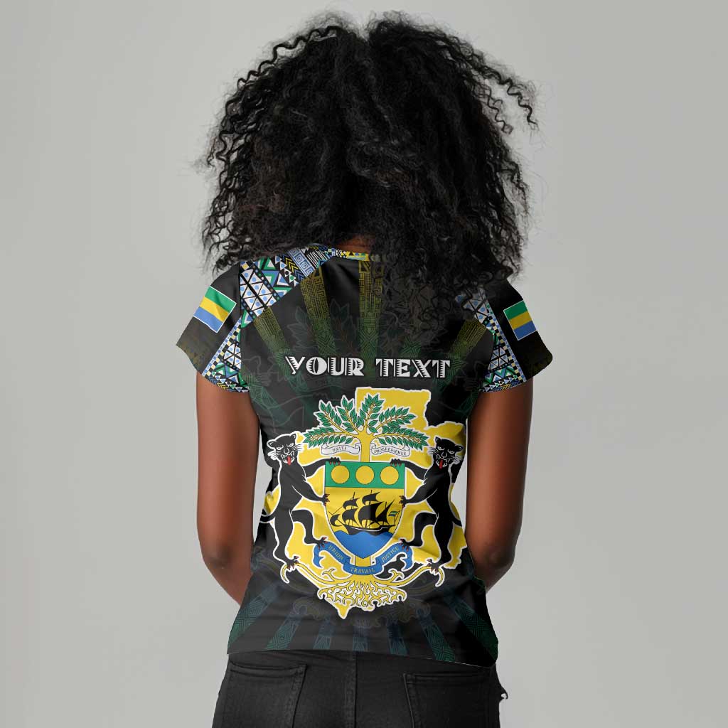 Personalized Gabon Roots Women V-Neck T-Shirt African Pride in Fingerprint and Tribal Colors