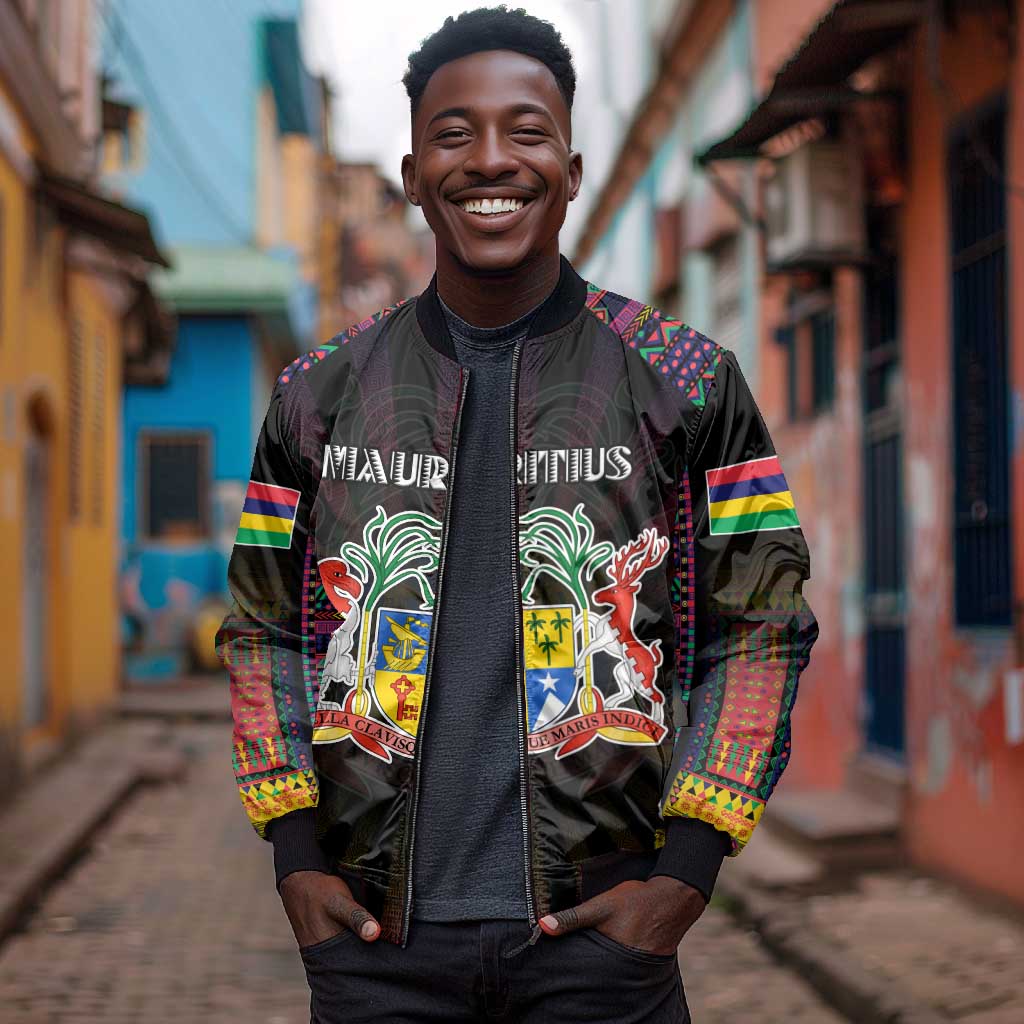 Personalized Mauritius Roots Bomber Jacket African Pride in Fingerprint and Tribal Colors