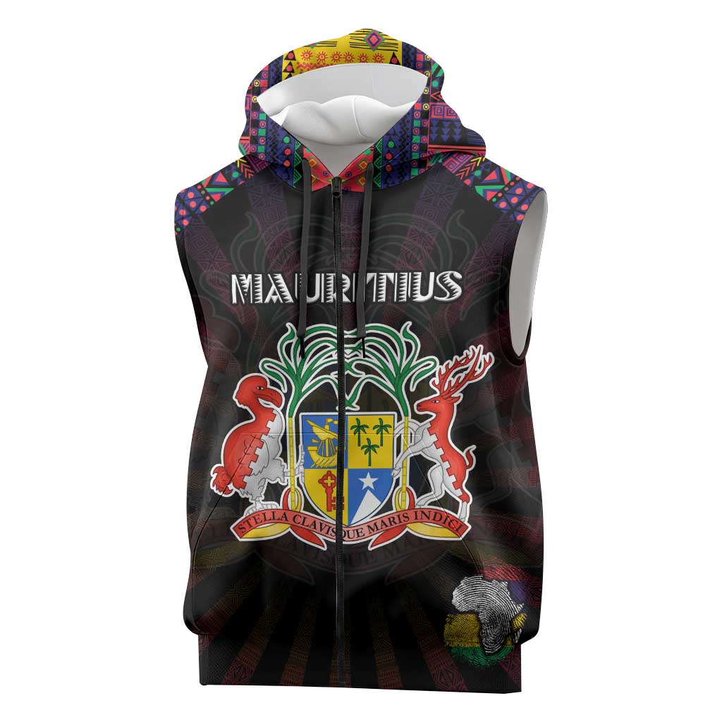 Personalized Mauritius Roots Sleeveless Zip Hoodie African Pride in Fingerprint and Tribal Colors - African Pride