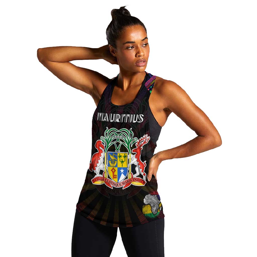 Personalized Mauritius Roots Women Racerback Tank African Pride in Fingerprint and Tribal Colors