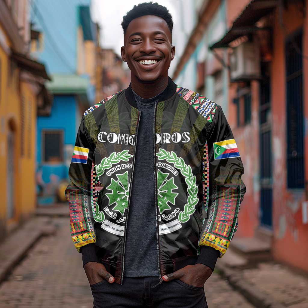 Personalized Comoros Roots Bomber Jacket African Pride in Fingerprint and Tribal Colors