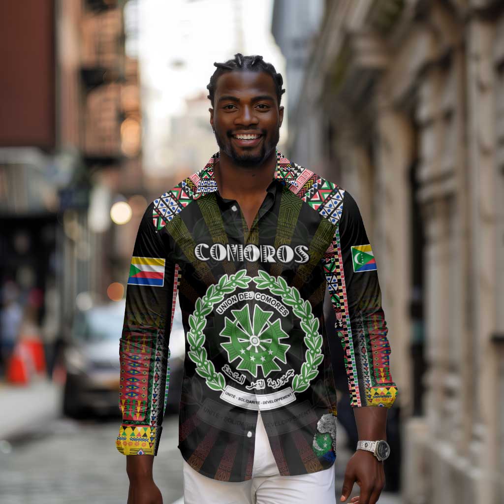 Personalized Comoros Roots Long Sleeve Button Shirt African Pride in Fingerprint and Tribal Colors