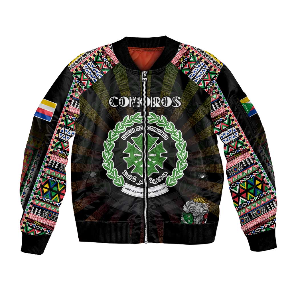 Personalized Comoros Roots Sleeve Zip Bomber Jacket African Pride in Fingerprint and Tribal Colors