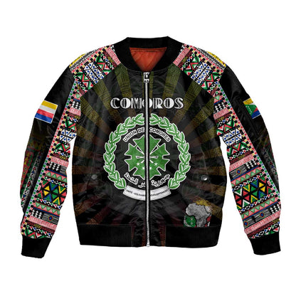 Personalized Comoros Roots Sleeve Zip Bomber Jacket African Pride in Fingerprint and Tribal Colors