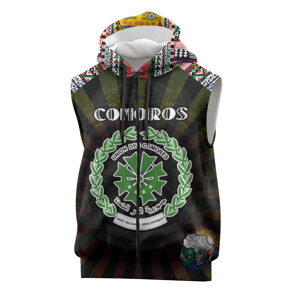 Personalized Comoros Roots Sleeveless Zip Hoodie African Pride in Fingerprint and Tribal Colors - African Pride