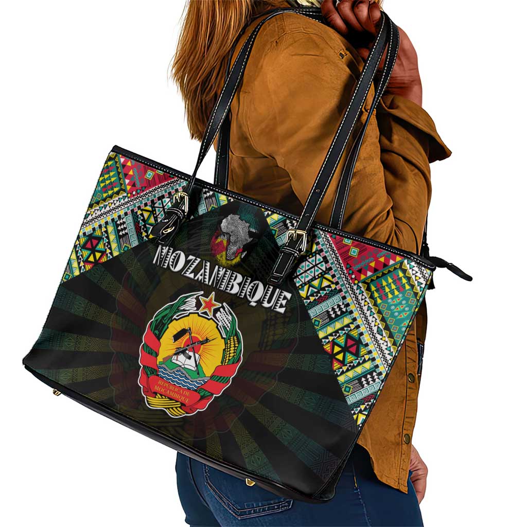 Mozambique Roots Leather Tote Bag African Pride in Fingerprint and Tribal Colors