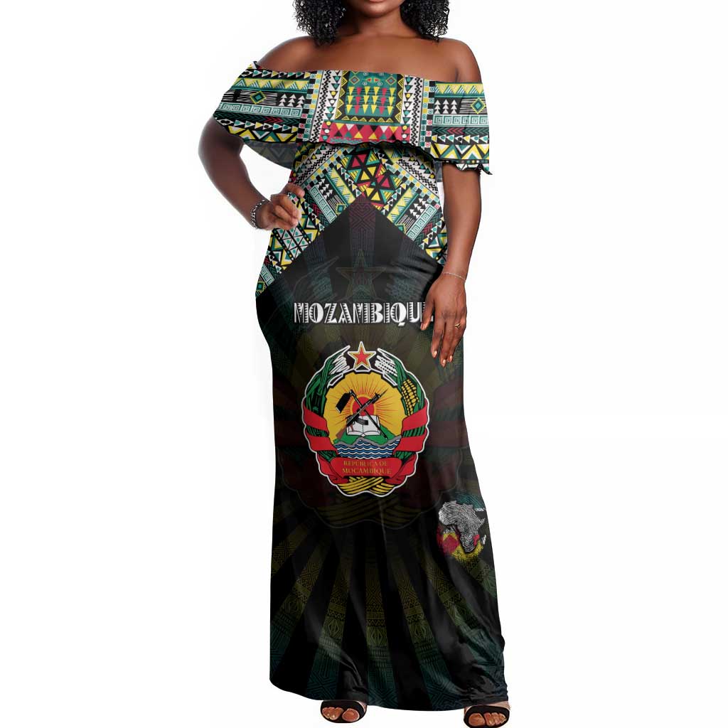 Personalized Mozambique Roots Off Shoulder Maxi Dress African Pride in Fingerprint and Tribal Colors