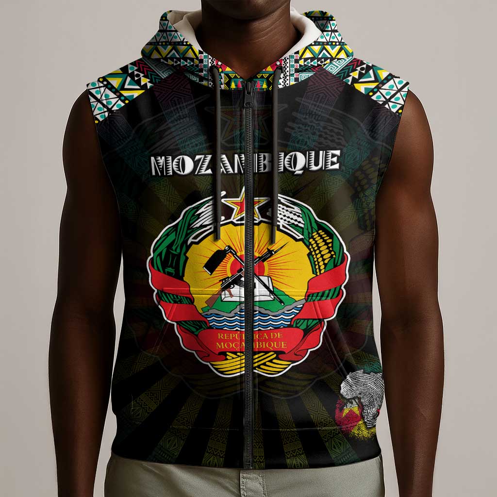 Personalized Mozambique Roots Sleeveless Zip Hoodie African Pride in Fingerprint and Tribal Colors - African Pride