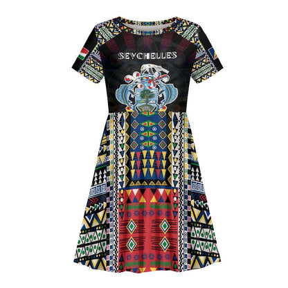 Personalized Seychelles Roots Kid Short Sleeve Dress African Pride in Fingerprint and Tribal Colors