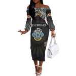 Personalized Seychelles Roots Off The Shoulder Long Sleeve Dress African Pride in Fingerprint and Tribal Colors