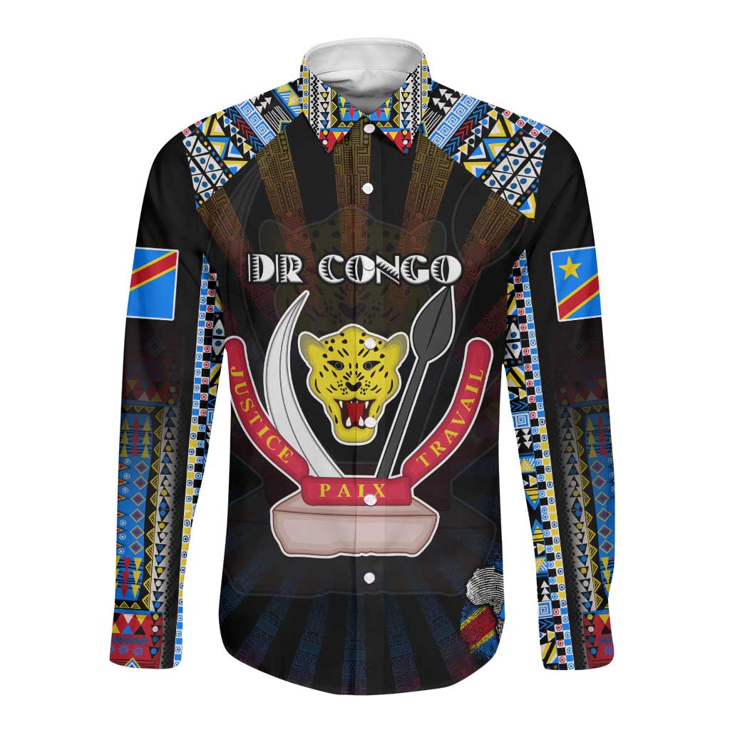 Personalized DR Congo Roots Long Sleeve Button Shirt African Pride in Fingerprint and Tribal Colors