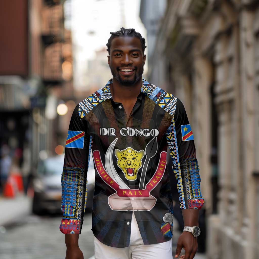 Personalized DR Congo Roots Long Sleeve Button Shirt African Pride in Fingerprint and Tribal Colors