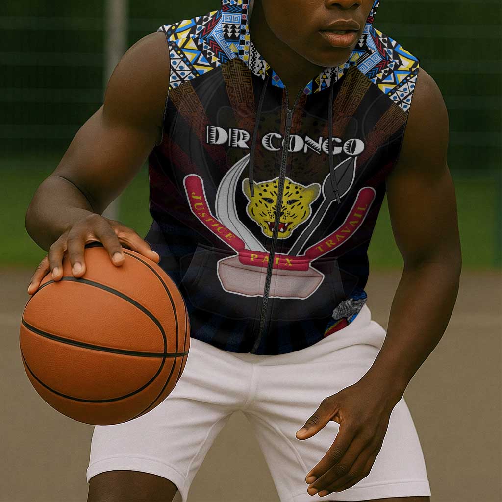 Personalized DR Congo Roots Sleeveless Zip Hoodie African Pride in Fingerprint and Tribal Colors - African Pride