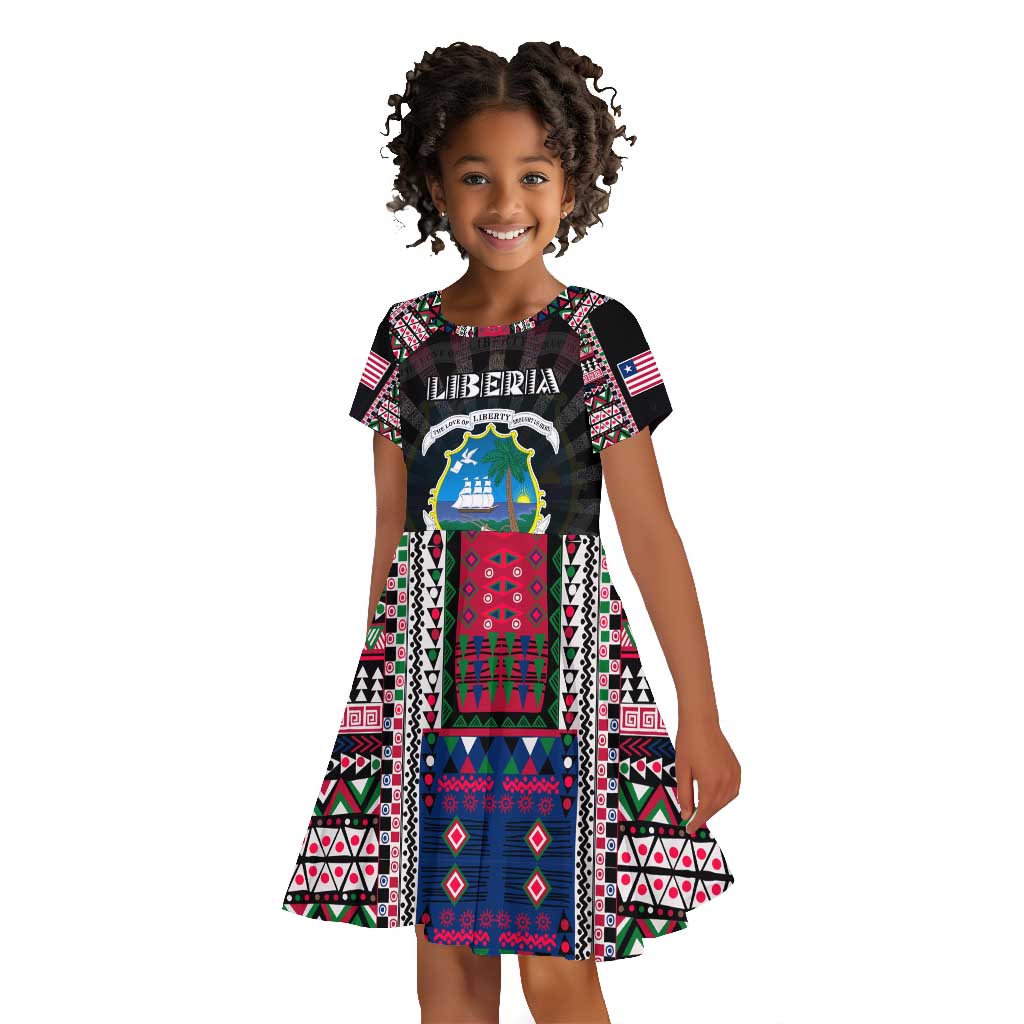 Personalized Liberia Roots Kid Short Sleeve Dress African Pride in Fingerprint and Tribal Colors