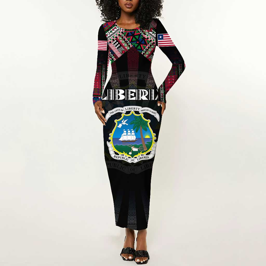 Personalized Liberia Roots Long Sleeve Bodycon Dress African Pride in Fingerprint and Tribal Colors