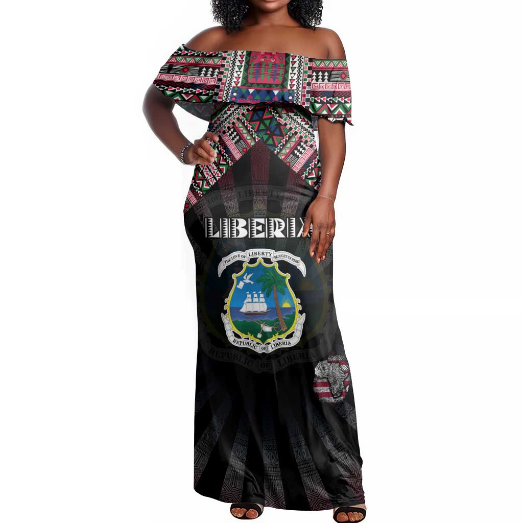Personalized Liberia Roots Off Shoulder Maxi Dress African Pride in Fingerprint and Tribal Colors