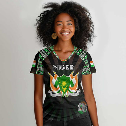 Personalized Niger Roots Women V-Neck T-Shirt African Pride in Fingerprint and Tribal Colors