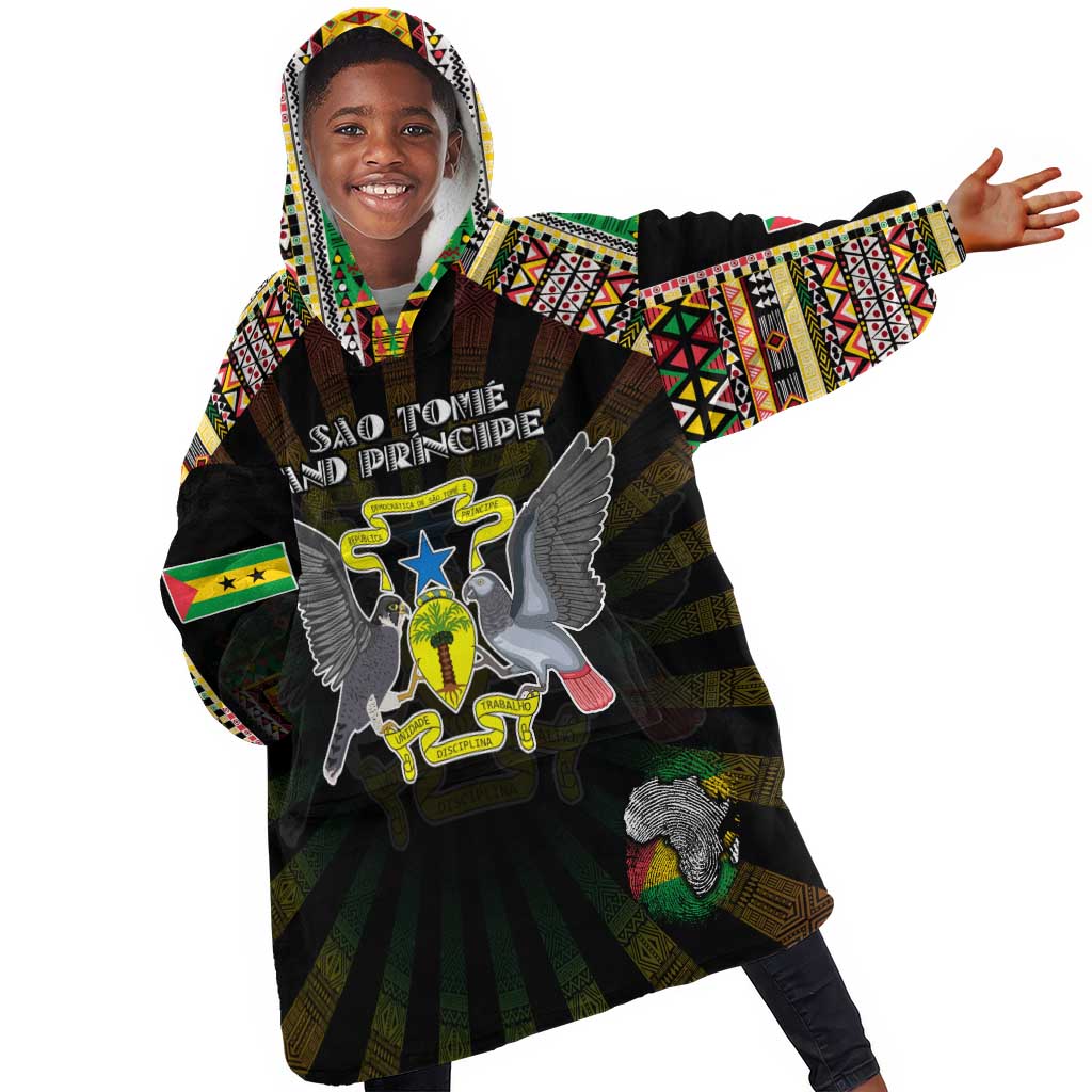 Personalized Sao Tome and Principe Roots Kid Wearable Blanket Hoodie African Pride in Fingerprint and Tribal Colors