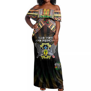 Personalized Sao Tome and Principe Roots Off Shoulder Maxi Dress African Pride in Fingerprint and Tribal Colors
