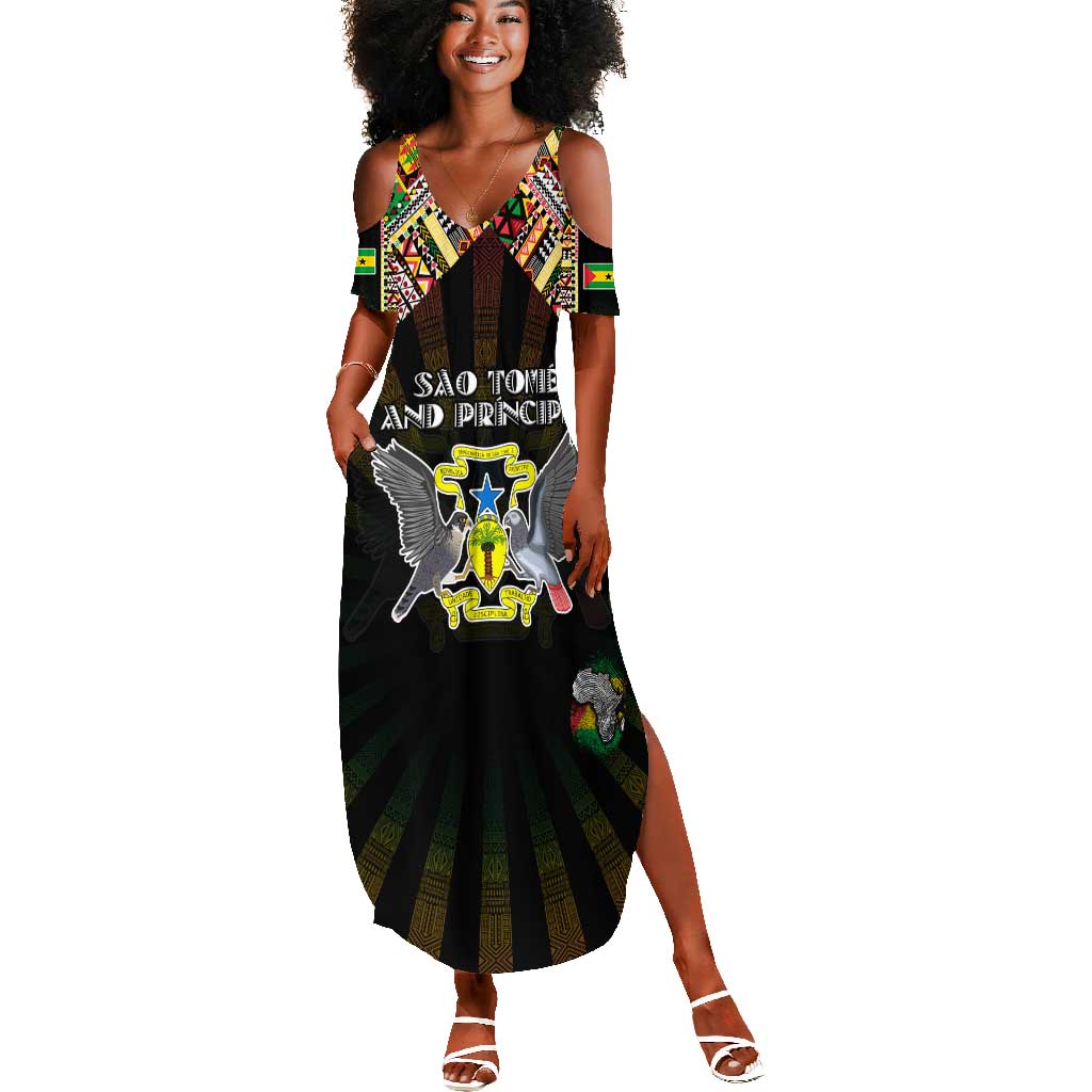 Personalized Sao Tome and Principe Roots Summer Maxi Dress African Pride in Fingerprint and Tribal Colors